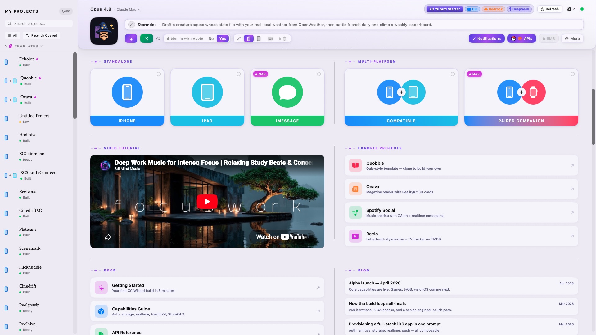 XC Wizard — pick a platform (iPhone, iPad, iMessage, Compatible, paired Watch companion), start from example projects, docs and tutorials